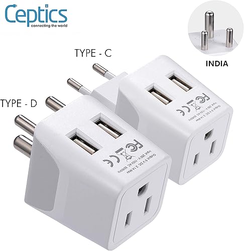 Miniatura 2 de Ceptics India - Juego de enchufes de viaje con 2 USB + entrada de enchufe de EE. UU., tipo C y tipo D, ultra compacto, conexión a tierra segura,