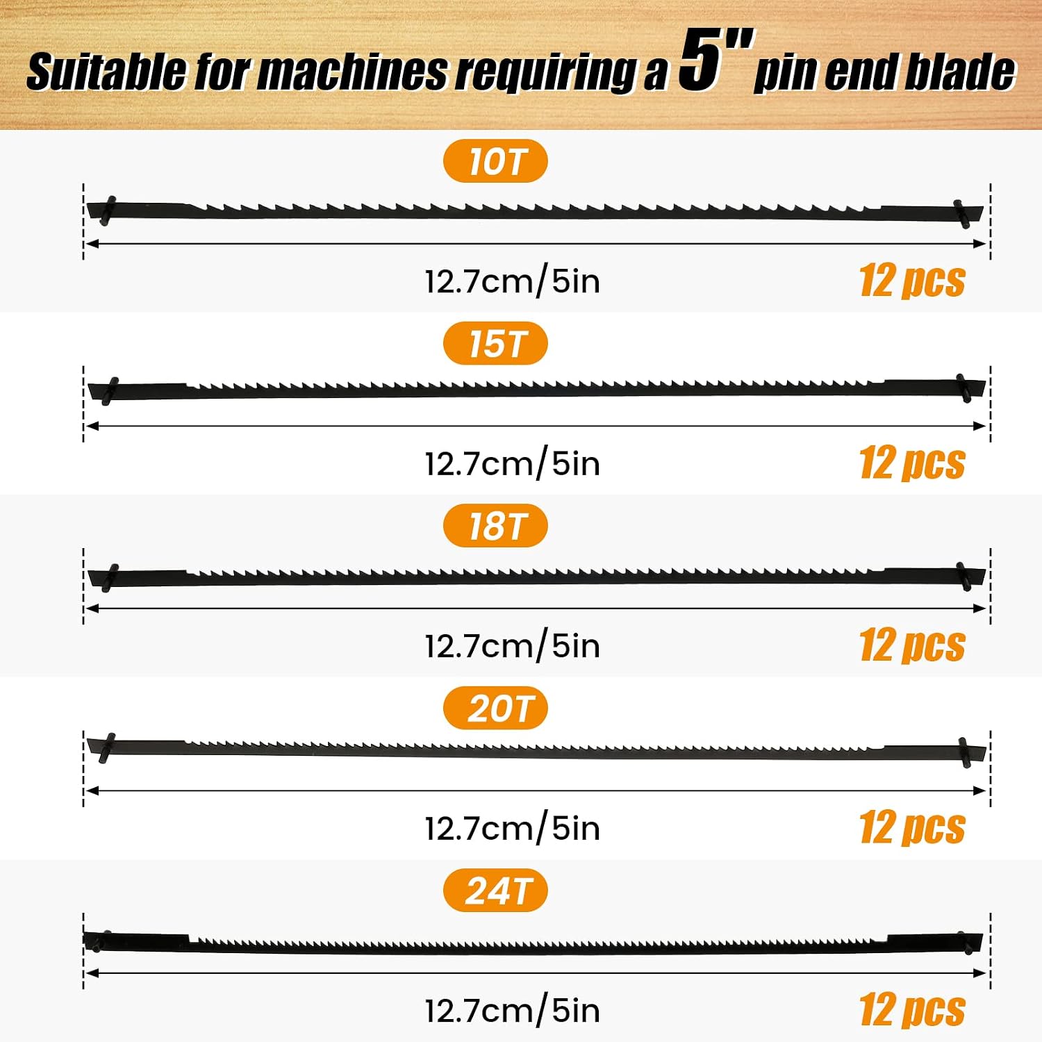 60Pcs Scroll Saw Blade Pin End 5inch TPI 10/15/18/20/24 Sturdy Scroll Saw Blade Durable Cutting Pinned Scroll Saw Blades Set