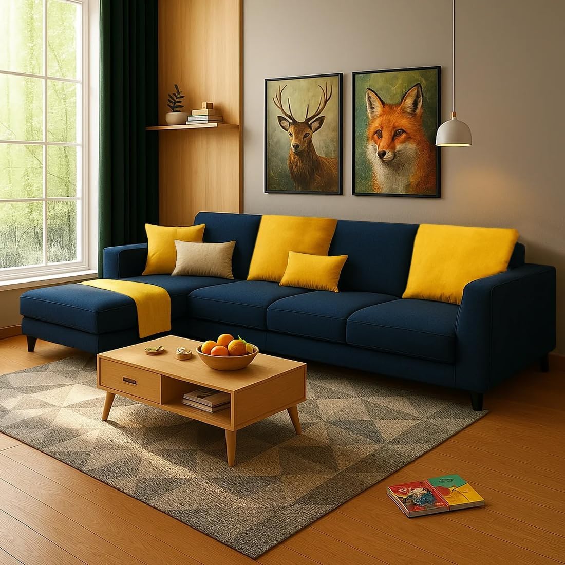 FURNY Mexica 5 Seater Fabric LHS L Shape Sofa Set (Blue) with Velvet Fabric-image-22
