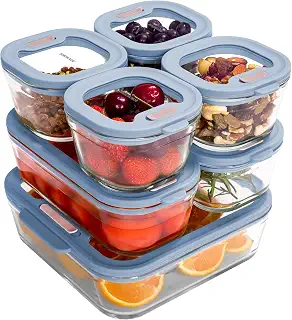 BOROHOUSE 耐熱ガラス保存容器7点セット（240ml×4・560ml×2・1370ml×1） -20℃～510℃で電子レンジ・オーブン・冷凍対応 密閉シリコン蓋＋バルブで液漏れ防止 食洗機可 作り置き・離乳食・弁当に ブルー