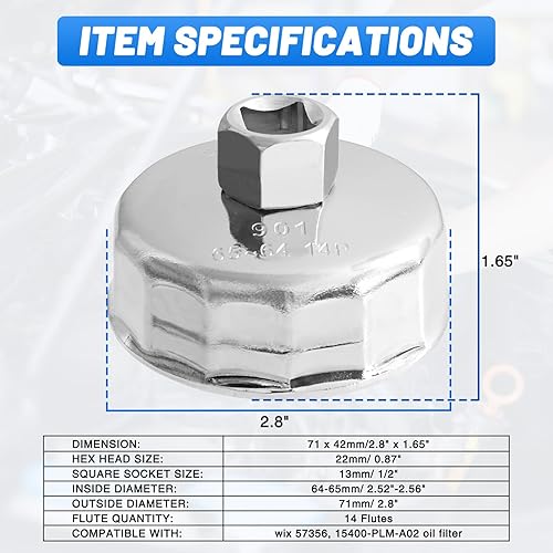 Miniatura 5 de Llave de filtro de aceite de 2.520-2.559 in Herramienta de extracción de filtro de aceite de 14 flautas compatible con Wix 57356, 15400-PLM-A02