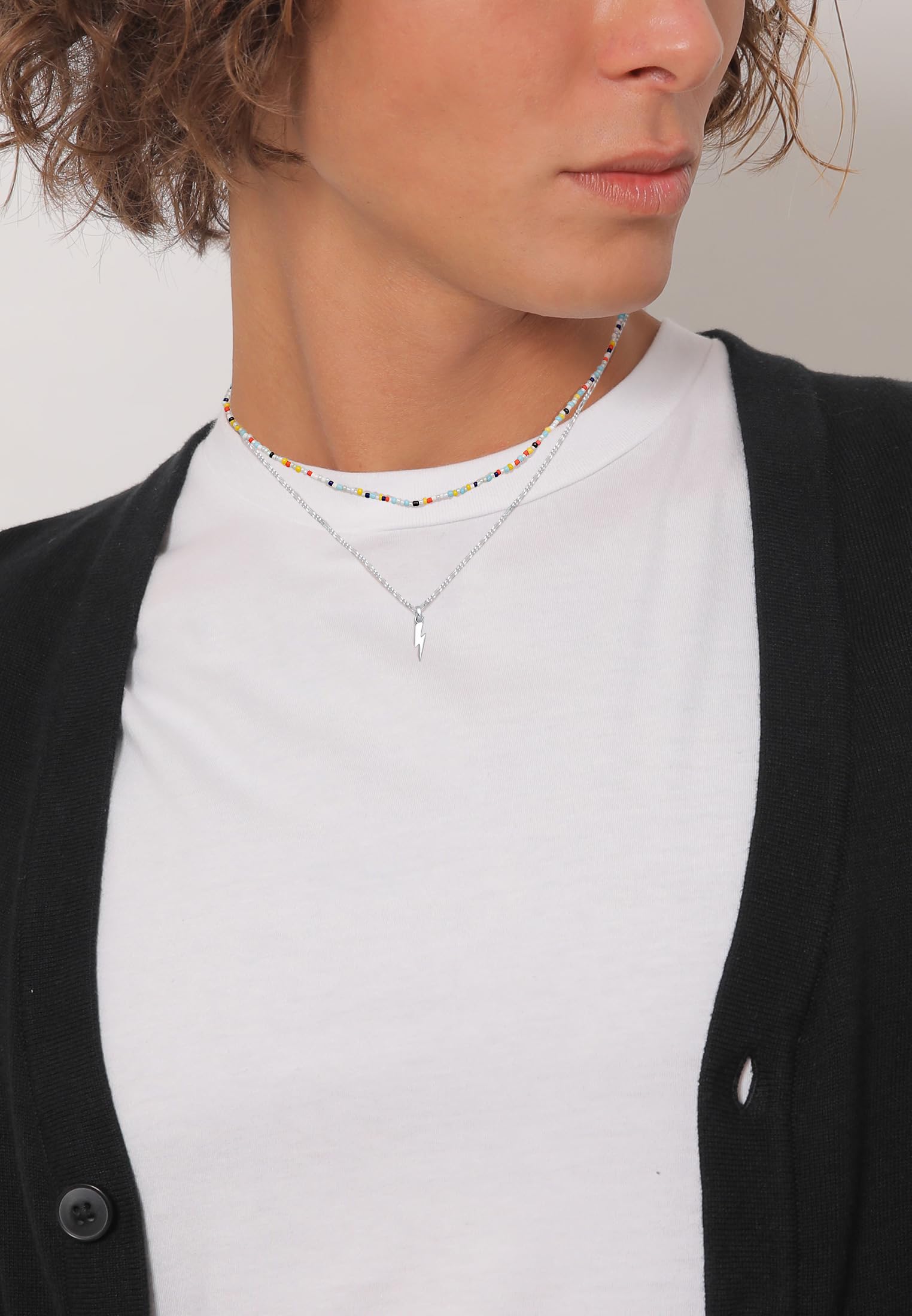 Kuzzoi Herren Halskette im Layer Look mit Blitz Anhänger (14 mm) in 925 Sterling Silber Modische Glasperlenkette 50 cm mit Silberkette für den Mann