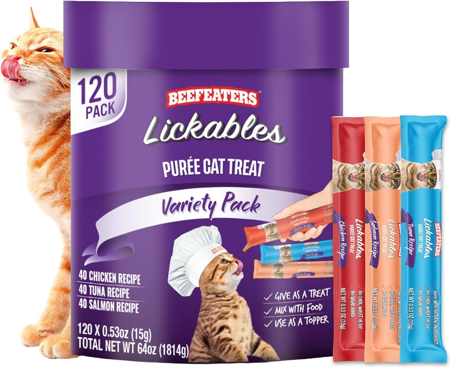 Beefeaters wet cat treats lickable 120 Count Puree Variety Pack - Salmon Tuna Chicken for Hydration & Training, Grain Free Taurine Enriched High Moisture, lickable cat treat squeeze up for Picky Eater