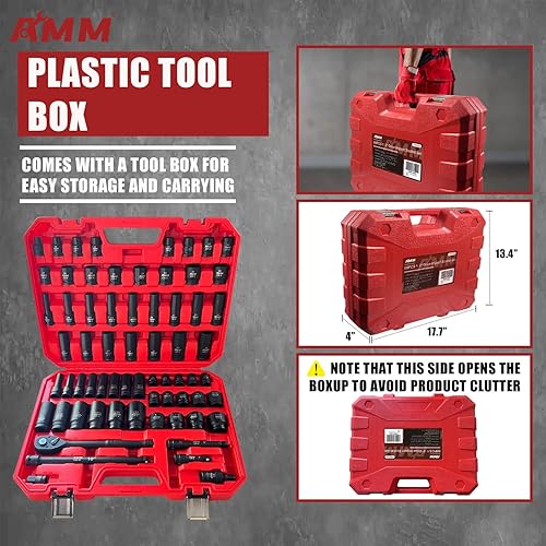 Miniatura 6 de AMM Juego maestro de llaves de impacto de 12 pulgada, 66 piezas, SAE y métrico de 516"-1-14", 8-24mm, juego de llaves poco profundoprofundo con