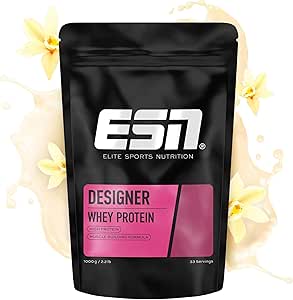 ESN Designer Whey Protein Pulver, Vanilla, 1 kg, bis zu 23 g Protein pro Portion, ideal zum Muskelaufbau und -erhalt - made in Germany