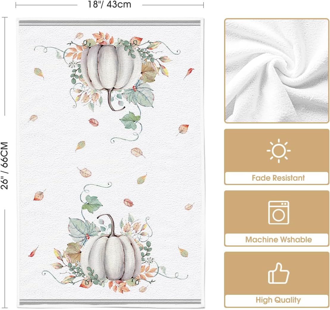 Artoid Mode Grey Watercolor Stripes Hello Pumpkin Fall Kitchen Towels Dish Towels, 18x26 Inch Seasonal Leaves Decoration Hand Towels Set of 4 - Image 6