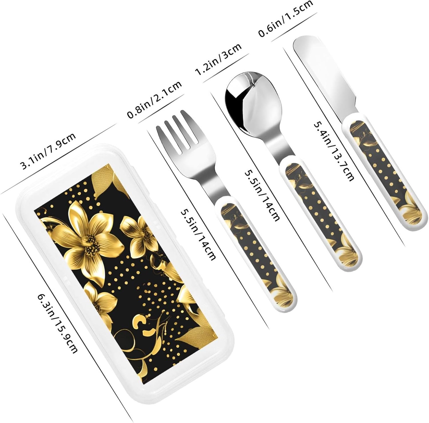 black and gold flowers Print Stainless Knife Spoon Fork 3-Piece Set,Flatware Cutlery Set With Storage Case