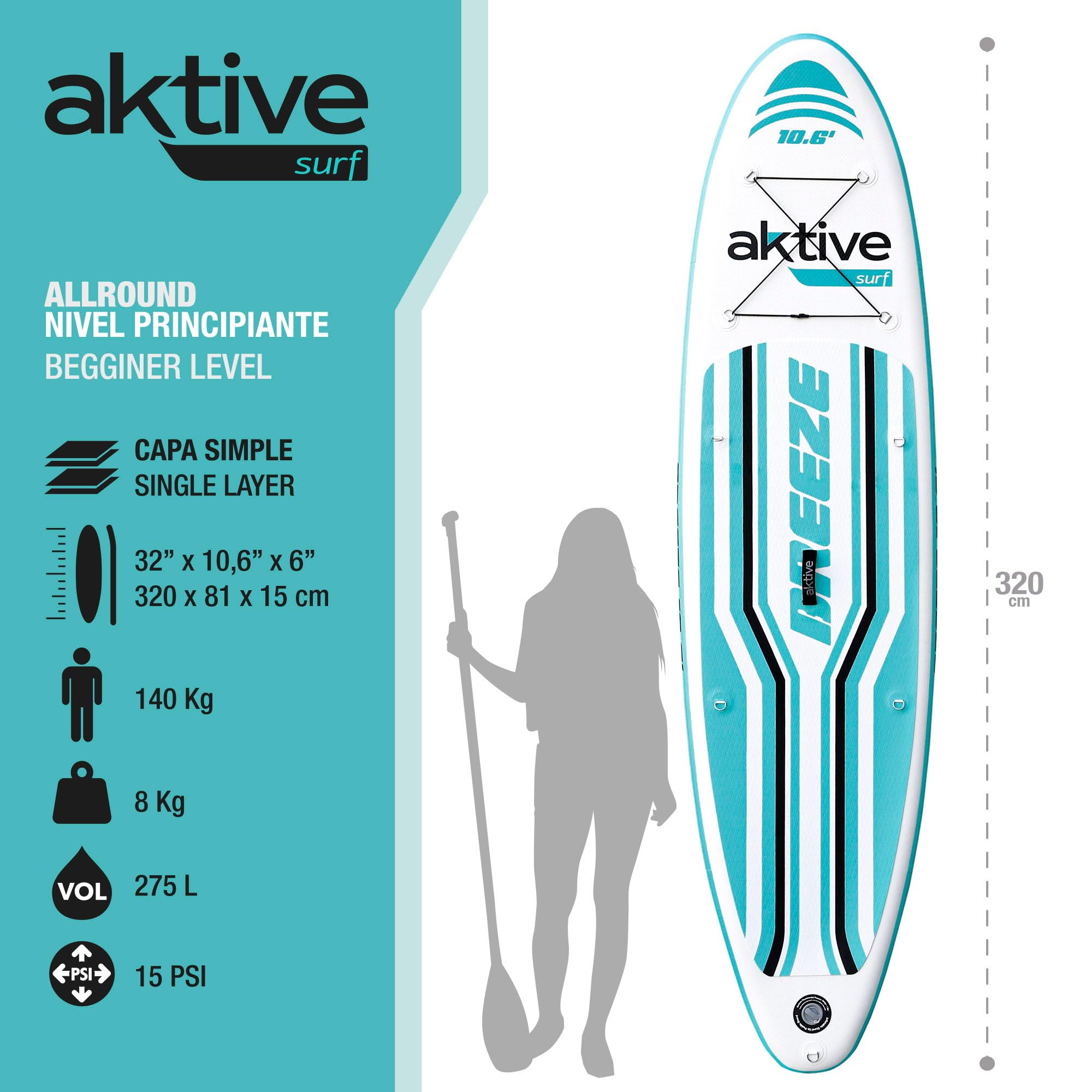 AKTIVE Tabla Paddle Surf Hinchable Iniciación All-Round, Ligera, Superficie Antideslizante, Medidas 320x81x15 cm, Incluye hinchador, Remo, 3 Aletas y Kit de reparación (62053)