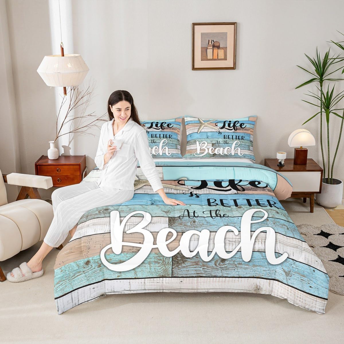 Beach Life Comforter Set Queen Size,Cute Starfish Bedding Set 3pcs,Rustic Farmhouse Down Comforter for Kids Boys Girls Teens Room Decor,Retro Blue Wooden Plank Bed Set for All Season,2 Pillowcases