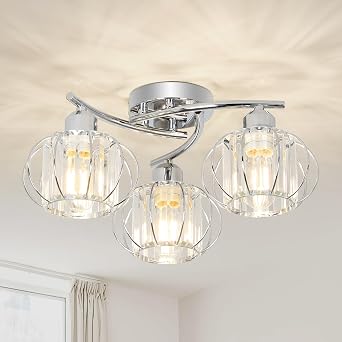 Crystal Ceiling Lights Living Room, 3-Lights Chandeliers Ceiling Light Chrome, Modern Ceiling Lights with Glass Lampshades, Crystal Chandelier for Bedroom, Kitchen Light Ceilings for Hallway [Energy Class D]