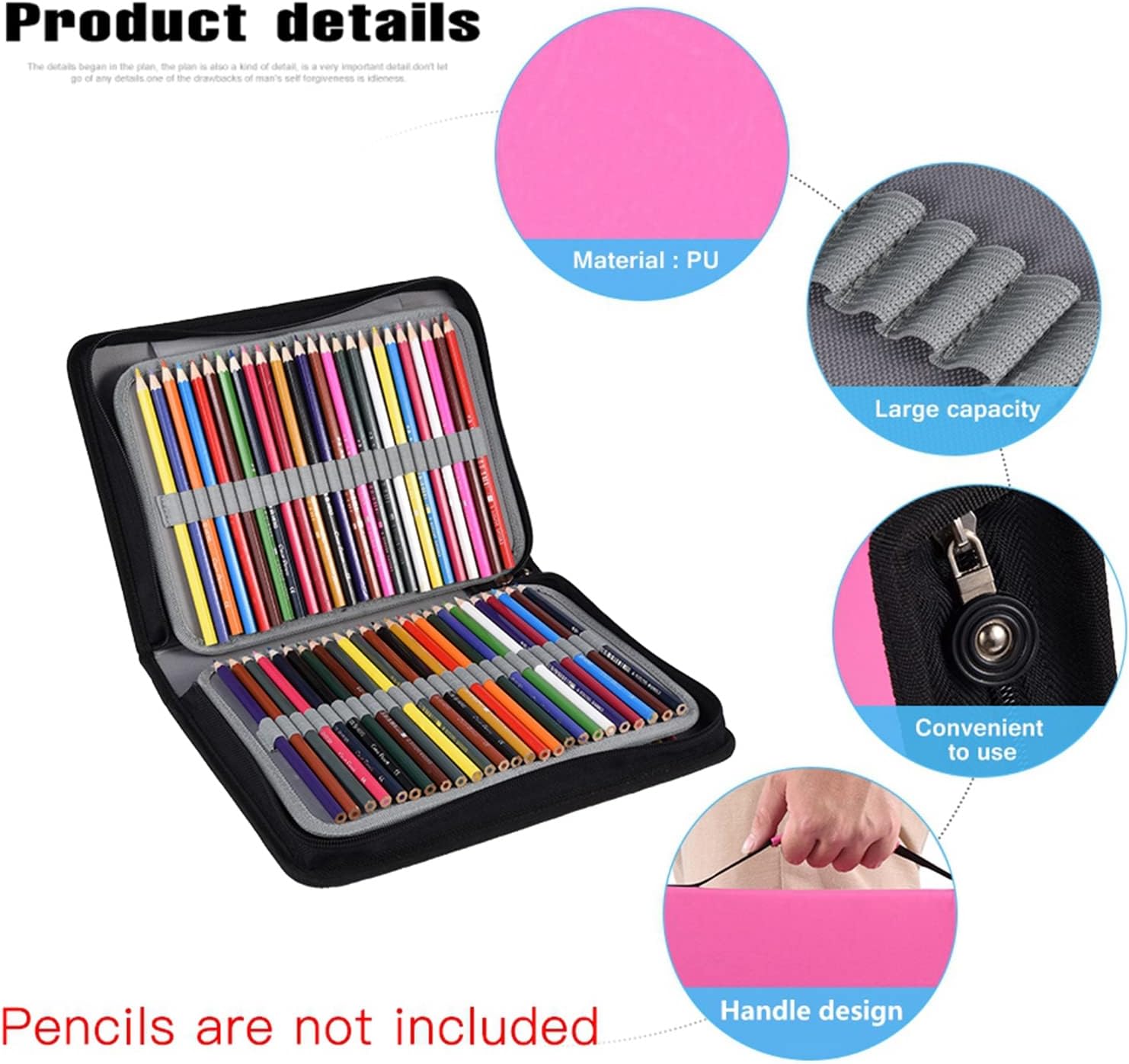 Rose Red 150 Slots PU Leather Pencil Organizer Storage Case