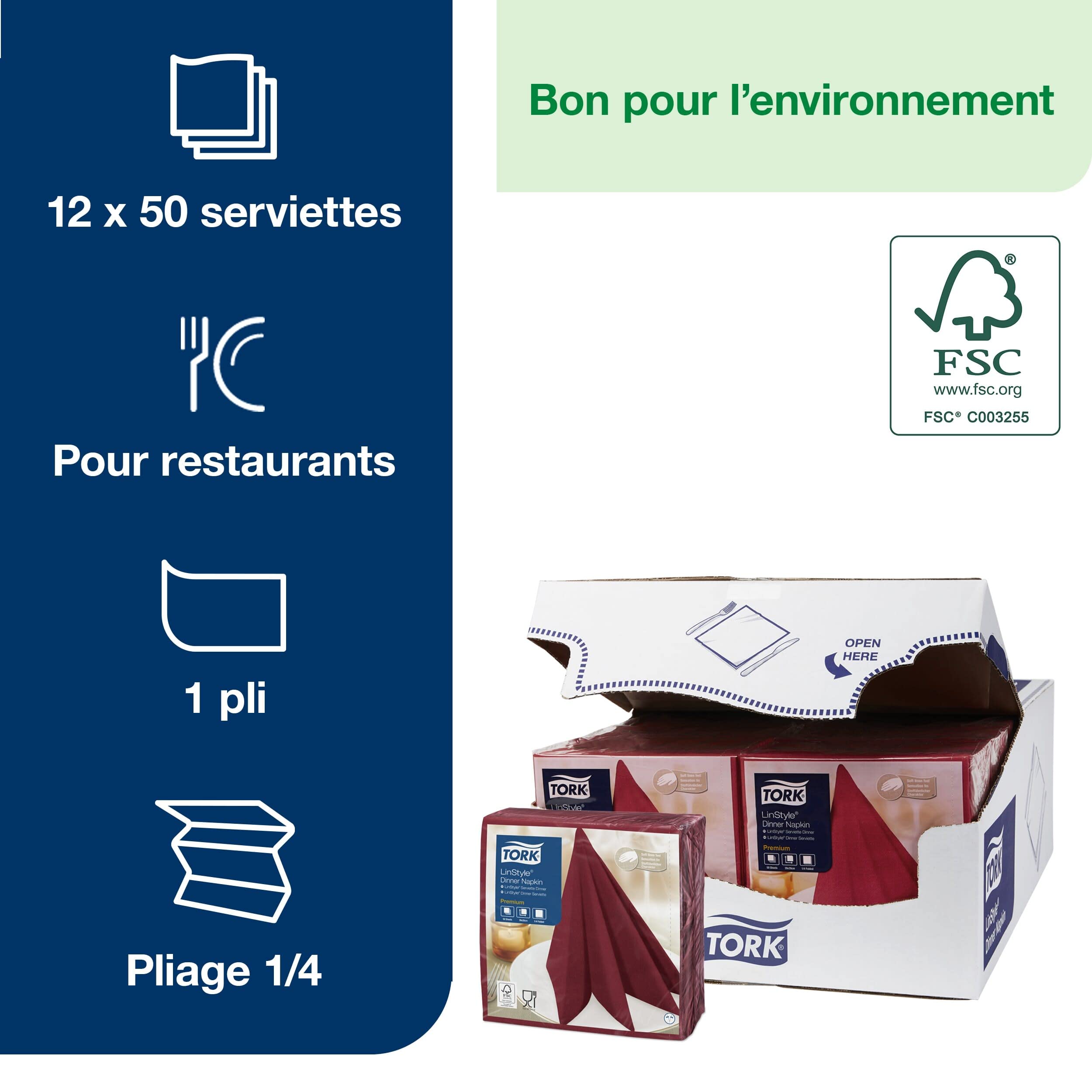 Tork 478855 Serviettes Dinner, Linstyle couleur, 12 x 50 serviettes | 1 pli, 39cm x 39cm, bordeaux, Premium