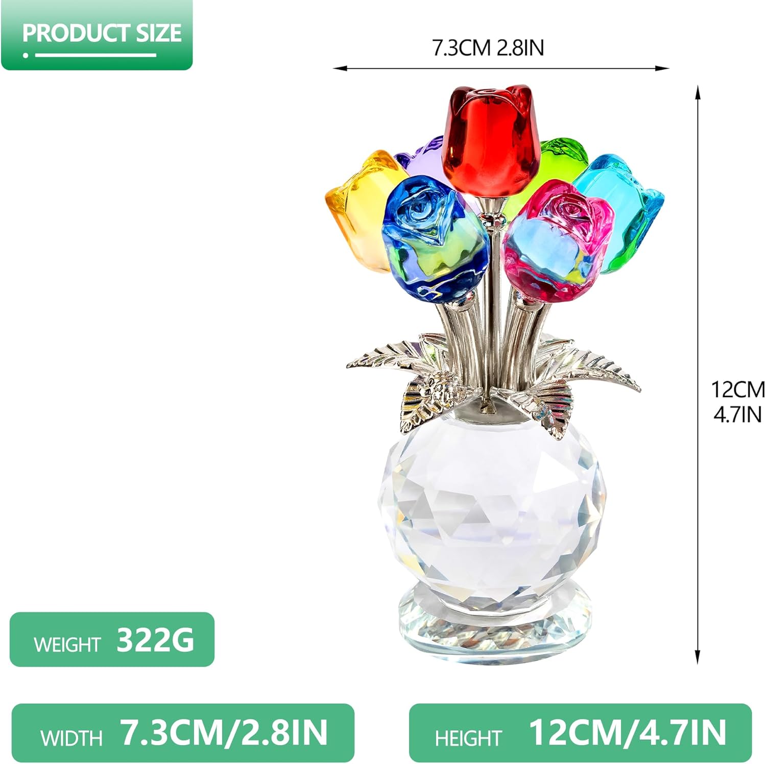 Crystal Colorful Rose Flower Collectible Figurine Glass Flowers with Vase Romantic Gifts for Wife Mom Women(2.8 * 4.7in) - Image 2