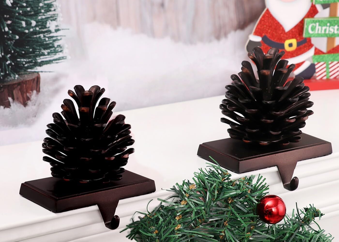 2Pcs Pine Cone Christmas Stocking Holders for Mantle, Christmas Stocking Hangers for Fireplace Shelf Anti-Slip 3D Pine Cone Stocking Hooks Sturdy Metal Mantel Clip for Xmas Decoration