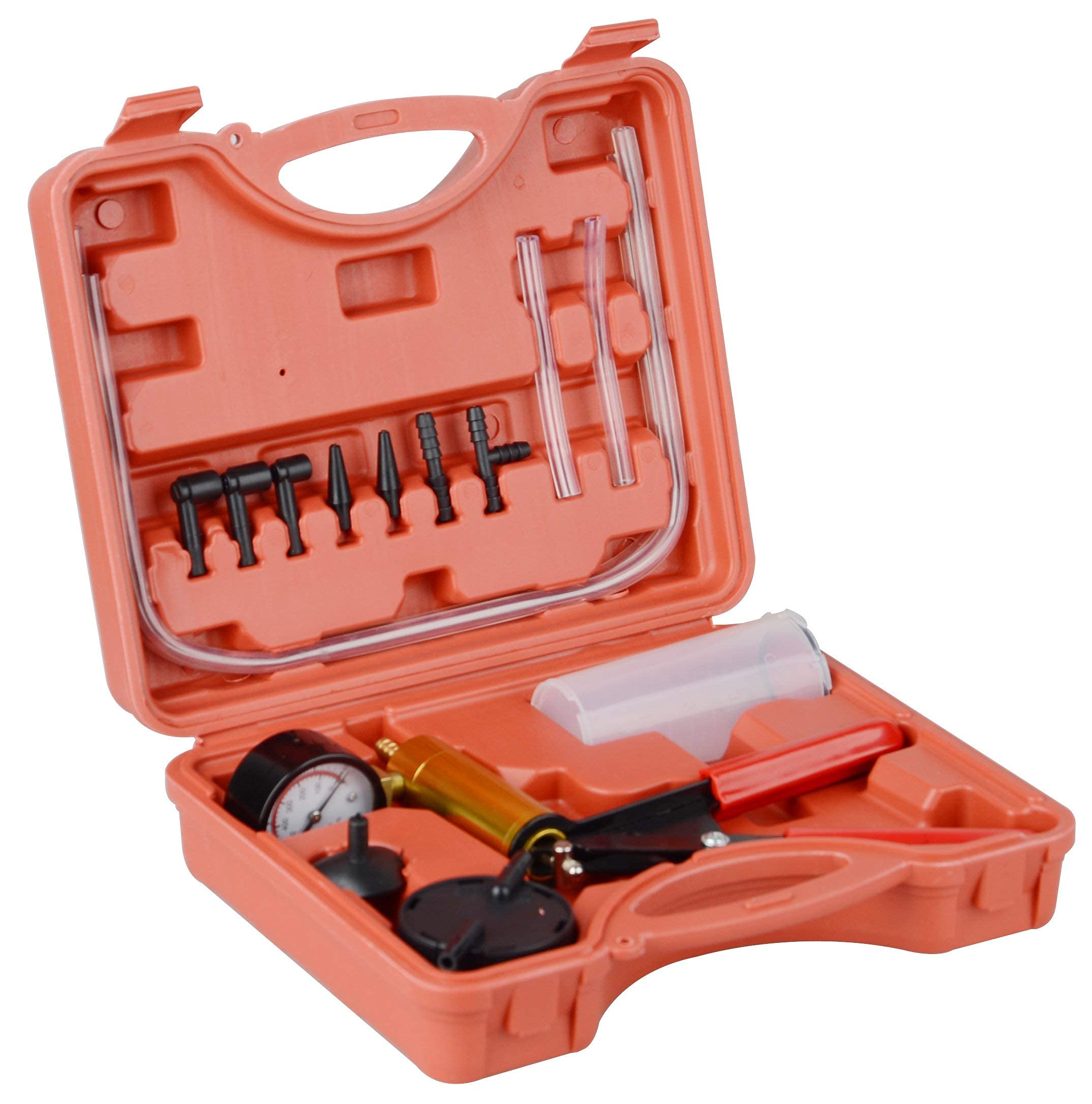 DAYUANAutomotive Hand Held Vacuum Pump Brake Fluid Bleeder Tester Set Vacuum Gauge Tool Kit with Adapters Case Metal Handle