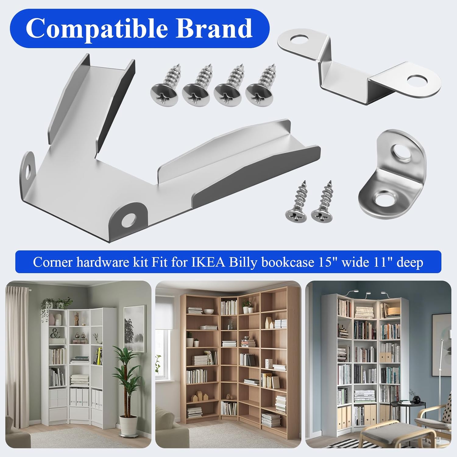 2 Sets Corner Hardware, Corner Fittings Kit, Galvanized, Compatible with IKEA Billy Bookcase 15" Wide 11" Deep, for Use on Bookcase Corners, Keeping The Bookcases in Place