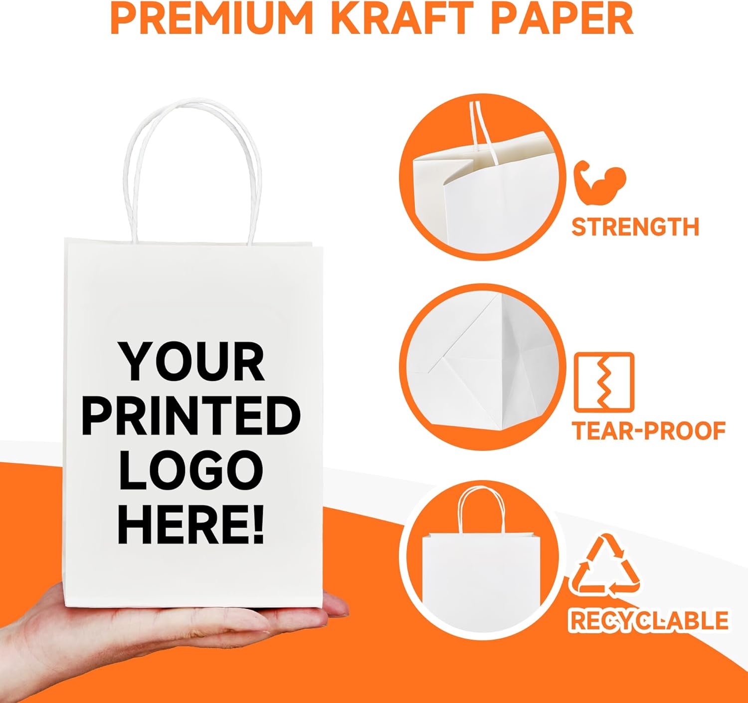 METAPRINT 50 PCS Custom Printed Kraft Paper Bags for Small Business,8x4.5x10 Inch Medium Size, Personalized Retail Gift Bags with Logo, Brown White Shopping Paper bag with Handle