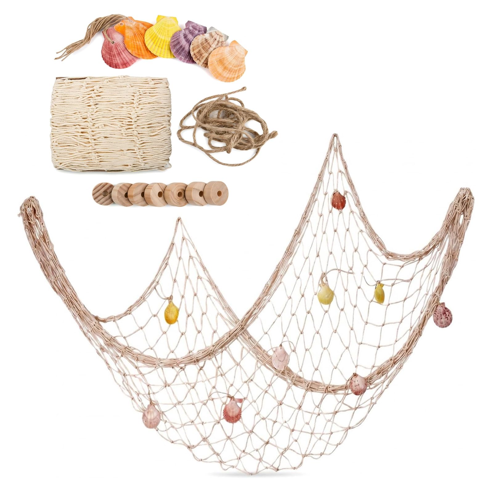 Fischernetz Deko 100x200cm Beige, mit Muscheln & Holz Schwimmer, Wandgitter Netz Baumwolle, Wanddeko zum Aufhängen für Wandteppich, Wohnzimmer, Fotowand, Badezimmer & Party