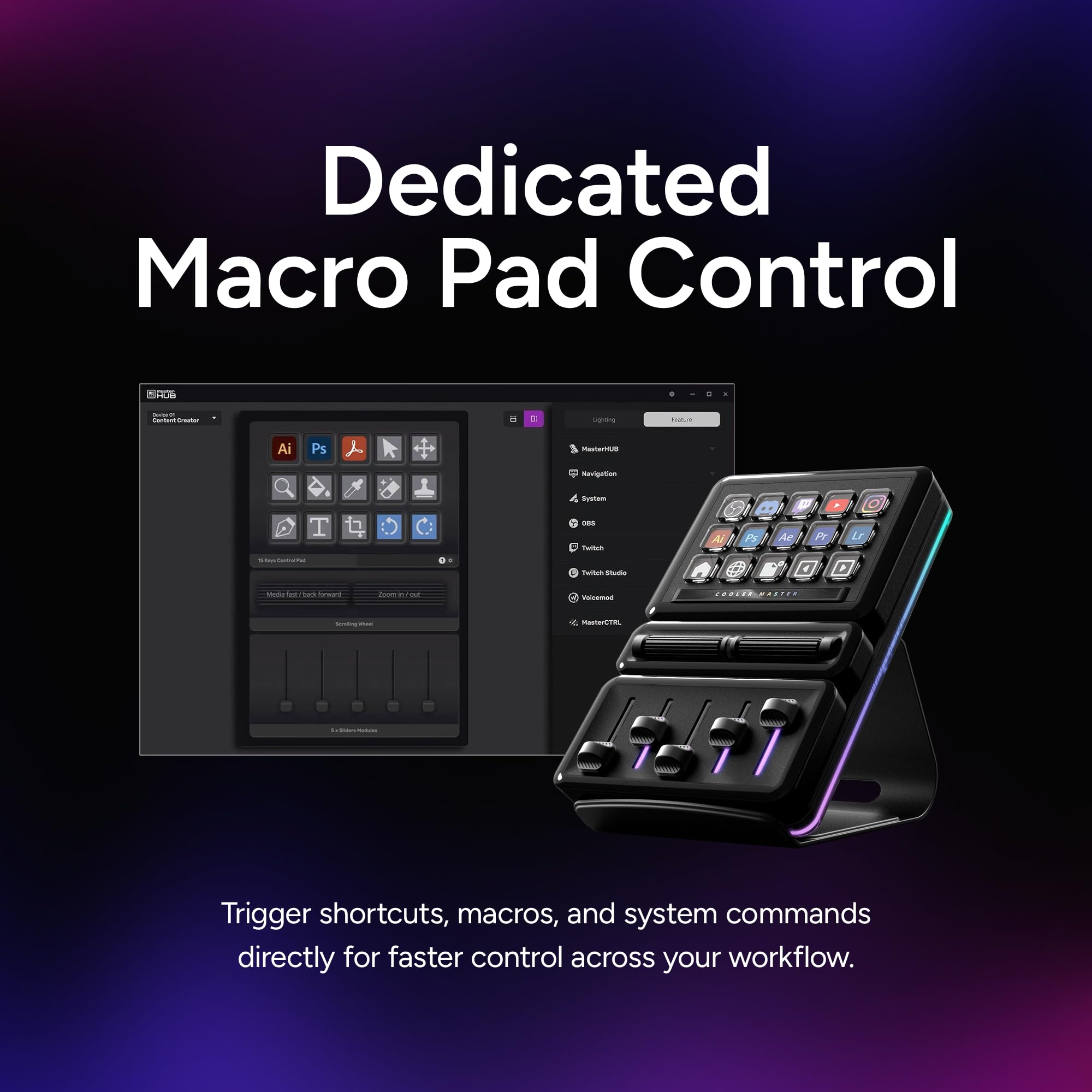 Cooler Master MasterHUB Creator Kit: Freeform 2.0 modulare Plattform – ermöglicht es Ihnen, mit Basis, 15 Tasten IPS-Display, 2 x Roller und 5 x Fader-Modulen anzupassen – Stärkung Ihres Workflows | Streaming & Content Creation, 15 IPS Display Keys, 5 Fad