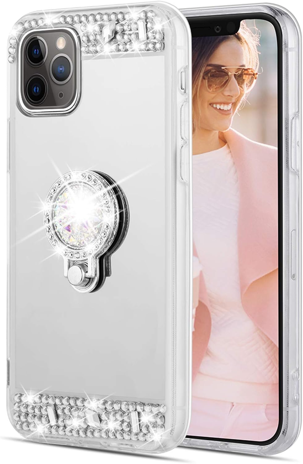 Caka Glitter Case for iPhone 11 Pro Max Mirror Case with Ring Holder Kickstand for Girls Women Bling Shining Rhinestone Diamond Luxury Makeup Case for iPhone 11 Pro Max (6.5 inch)(Silver)