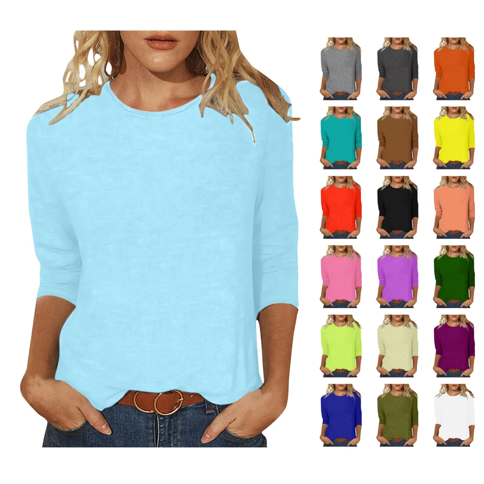 LUSHAasd Womens Tops Clearance T Shirts Casual 3/4 Sleeve Tops for Women Pullover Loose Fit Tshirts Plus Size Mid Length Blouse Tops for Daily Office Business