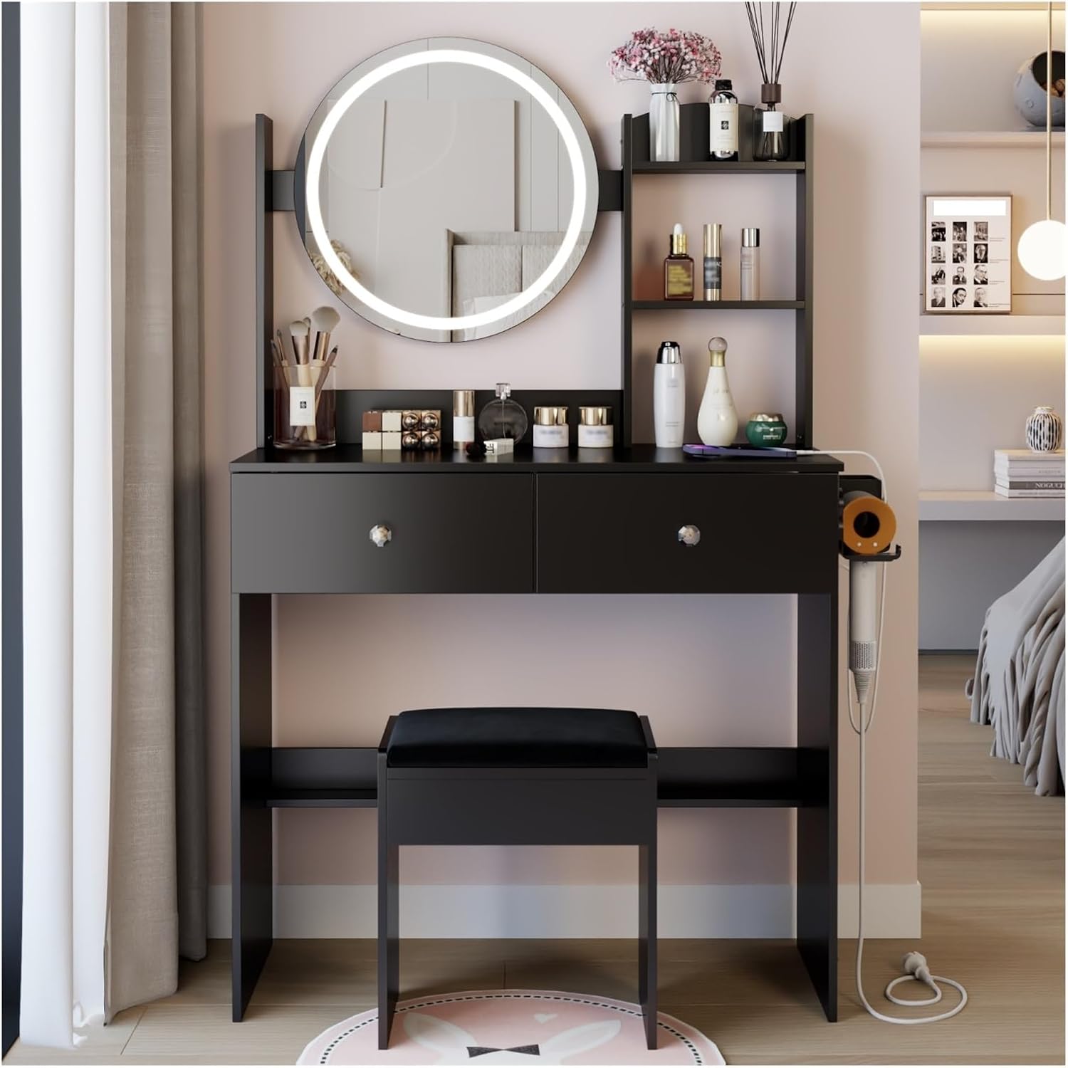 17" Round LED Mirror Vanity Table+Cushioned Stool, Equipped with 2 AC+2 USB Power Socket, Big Mirror, Touch Switch, 3 Colors, Adjustable Brightness, Large Desktop, Multi-Layer High Capacity Storage