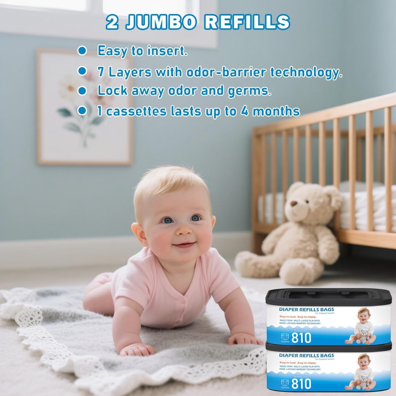 4 Packs Jumbo Square Refills Disposal Bags Refill Compatible with Diaper Genie Compact, Select Pails, Classic Version Pail, Hold Up to 810 Newborn-Sized Diapers Per Refill