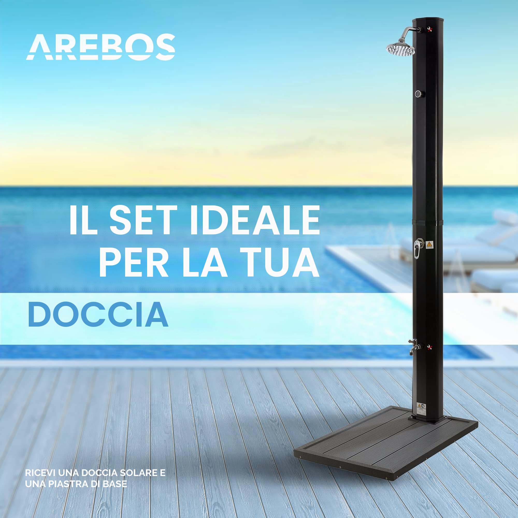 Arebos Doccia solare 35L & elemento a pavimento | con termometro integrato & doccia per i piedi | incl. Copertina | doccia per il giardino | temperatura dell'acqua fino a 60°C