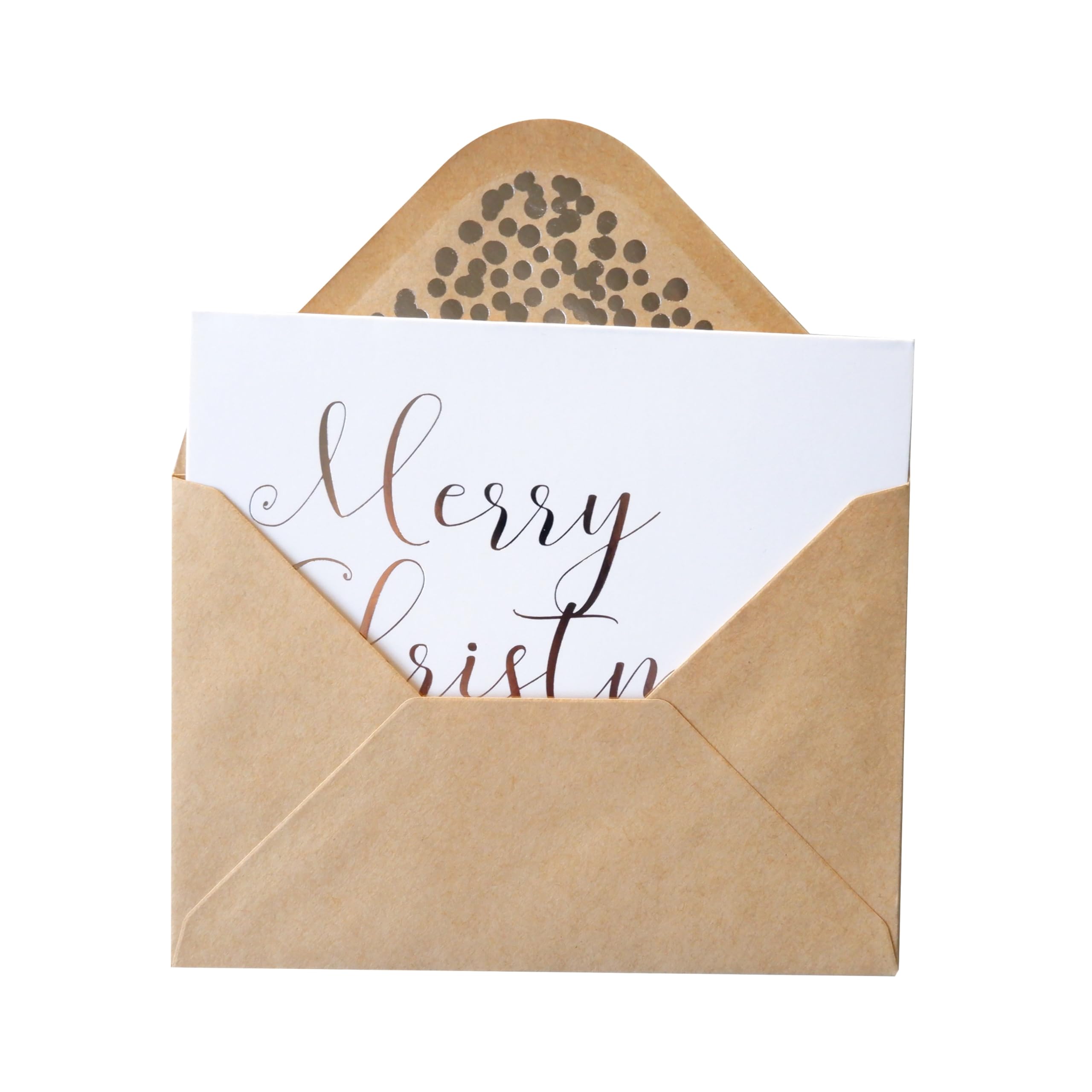 Tarjetas de Navidad plateadas, paquete de 50 tarjetas de felicitación blancas de Feliz Navidad en acabado mate con letras plateadas, incluye 52 sobres de papel kraft de confeti de lámina plateada, 4 x