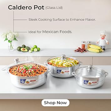 Kitchen King | Caldero Pot with Glass Lid | Heavy Gauge Aluminum | Even Heat Distribution | Tempered Glass Lid with Steam Vent | Gas & Electric Compatible (26 cm / 10) | Capacity 4.4 Ltr