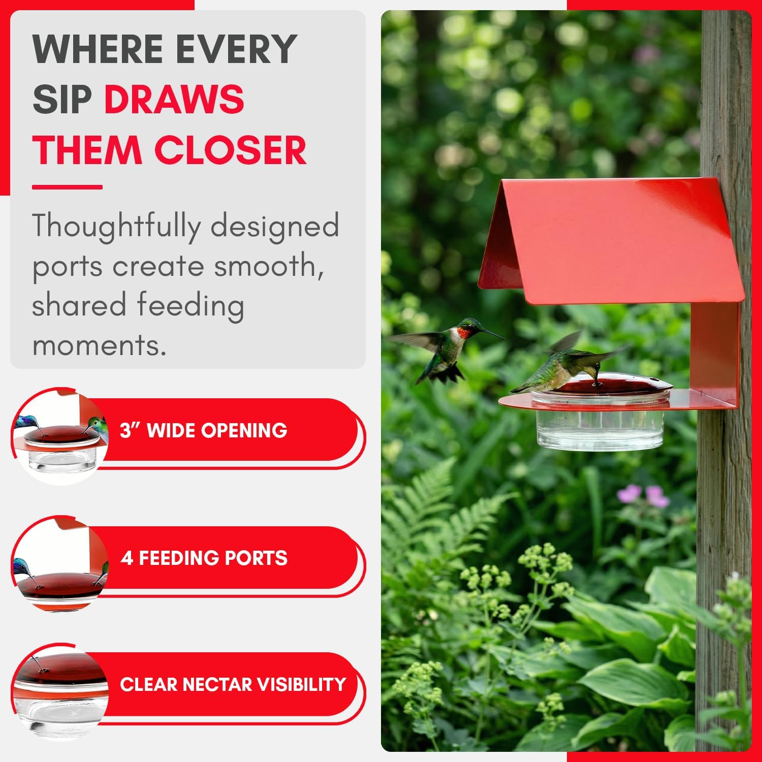 Cottage Hummingbird Feeder |Glass Hummingbird Feeder with 3.4 Ounce Nectar Capacity| 4 Feeding Ports & Wide Mouth Bowl, Hanging Bird Feeder with Recycled Glass Lid, Red