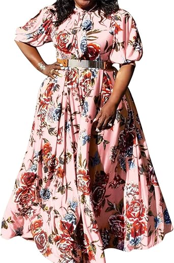 VERWIN Plus Size Floor-Length Print Half Lantern Sleeve Floral Womens Maxi Dress Expansion Dress