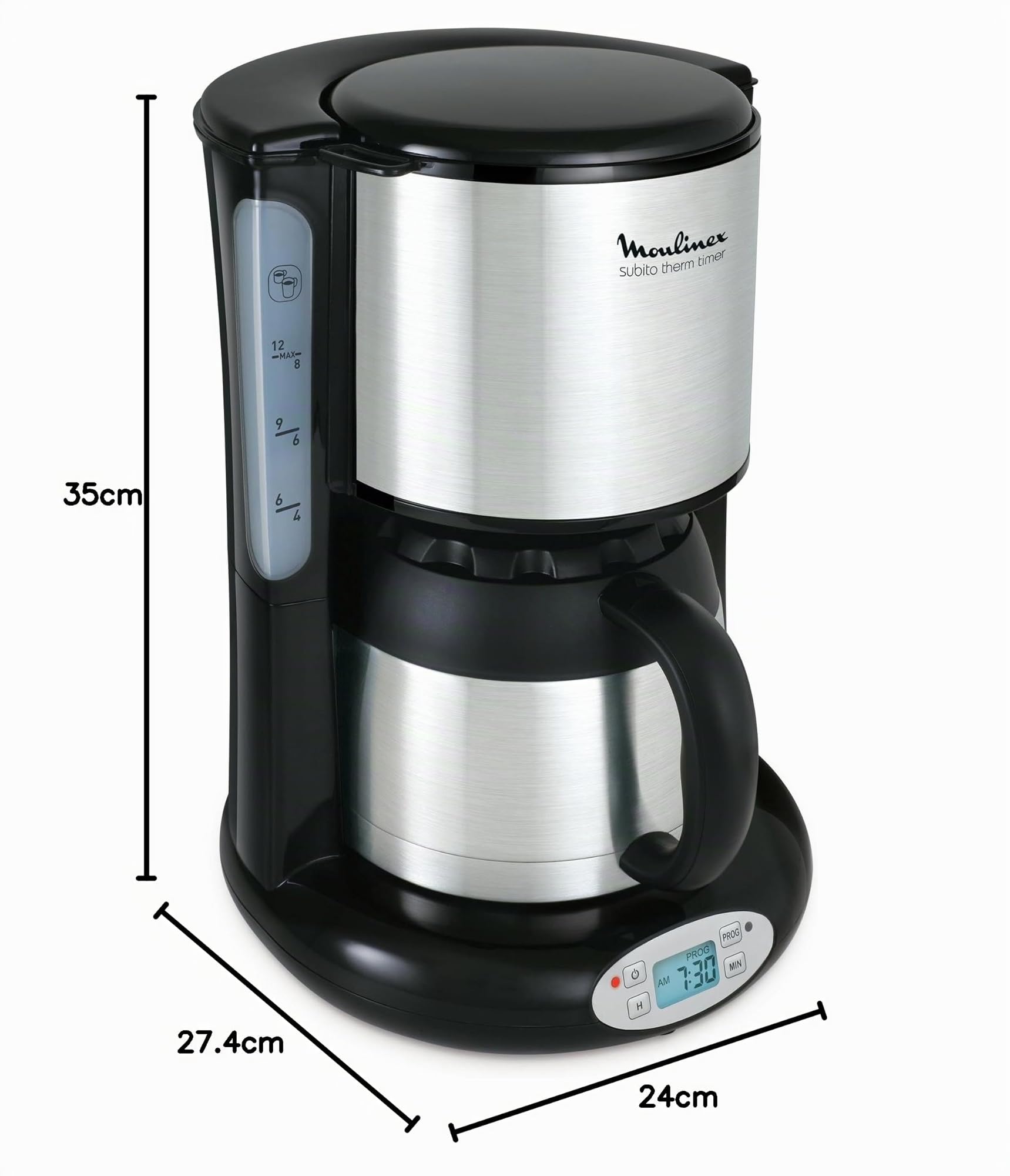 Moulinex FT362811 Cafetière Filtre Subito Programmable Isotherme 8-12 Tasses Verseuse Inox Anti-Goutte Maintien au Chaud 4 Heures Café Noir