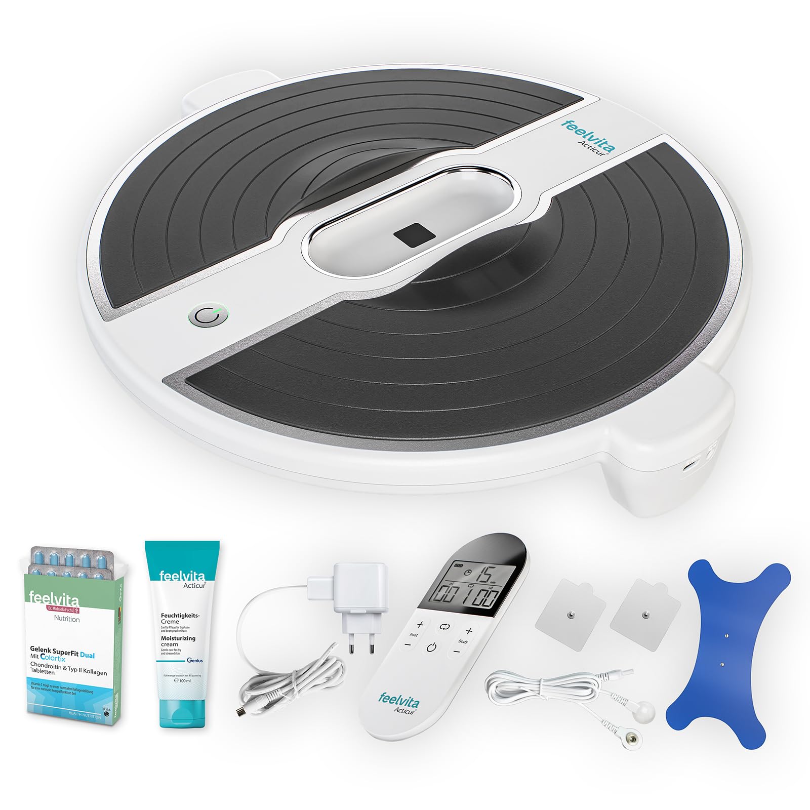 Feelvita Acticur Aktiv-Set 12-tlg. Durchblutungs- Stimulator Bein und Fuß, EMS Gerät Füsse elektrisch, TENS Stimulator 3 Elektrodenpads inkl. Gelenk SuperFit Dual Tabletten hochdosiert (30 Stück)