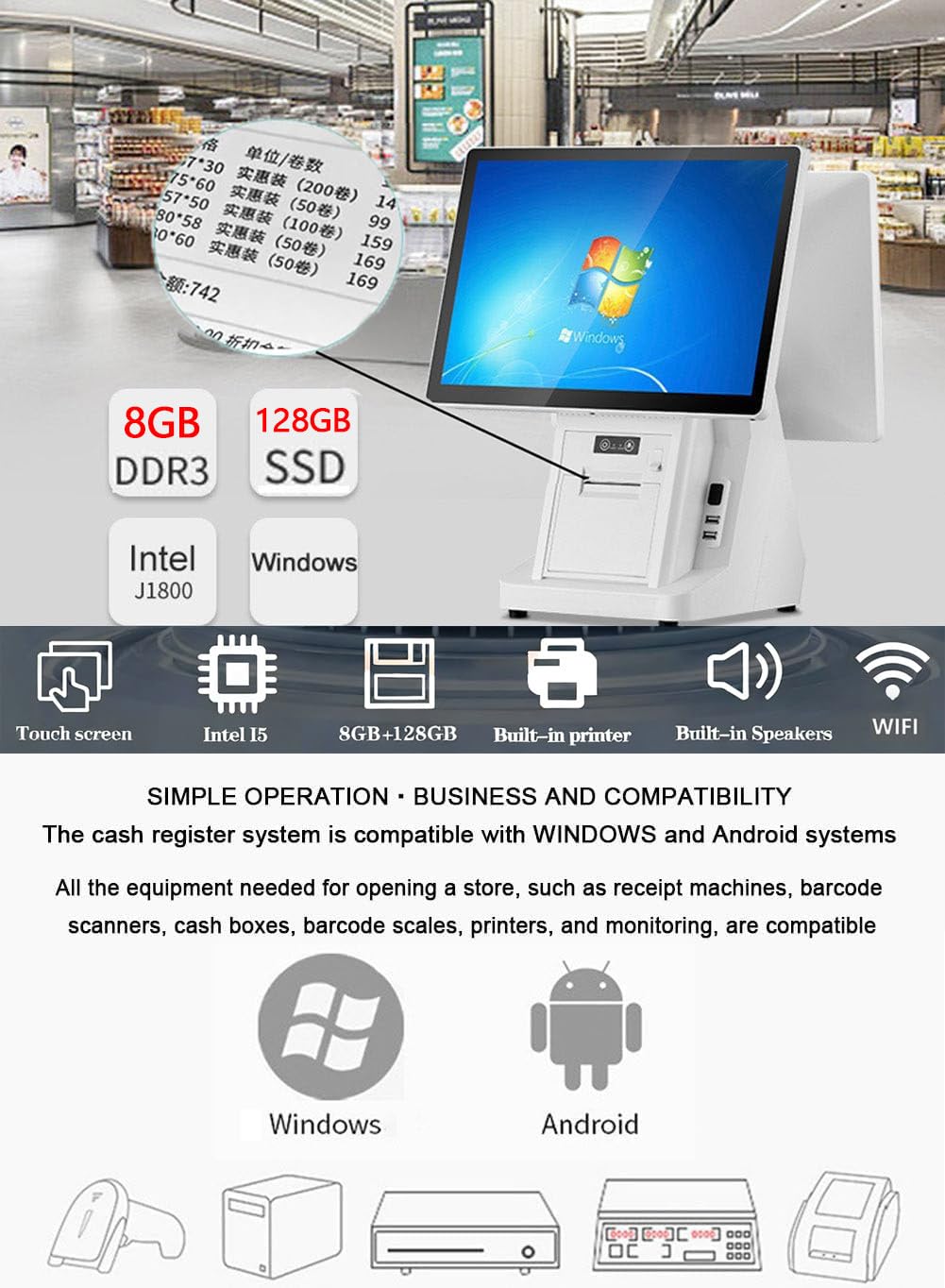 Sistemas TPV para restaurantes con Doble Pantalla táctil 15,6" Caja registradora Todo en uno para pequeños Negocios,8 GB de RAM, 128 GB de SSD,Terminal de Pago para Tiendas Dualscreen