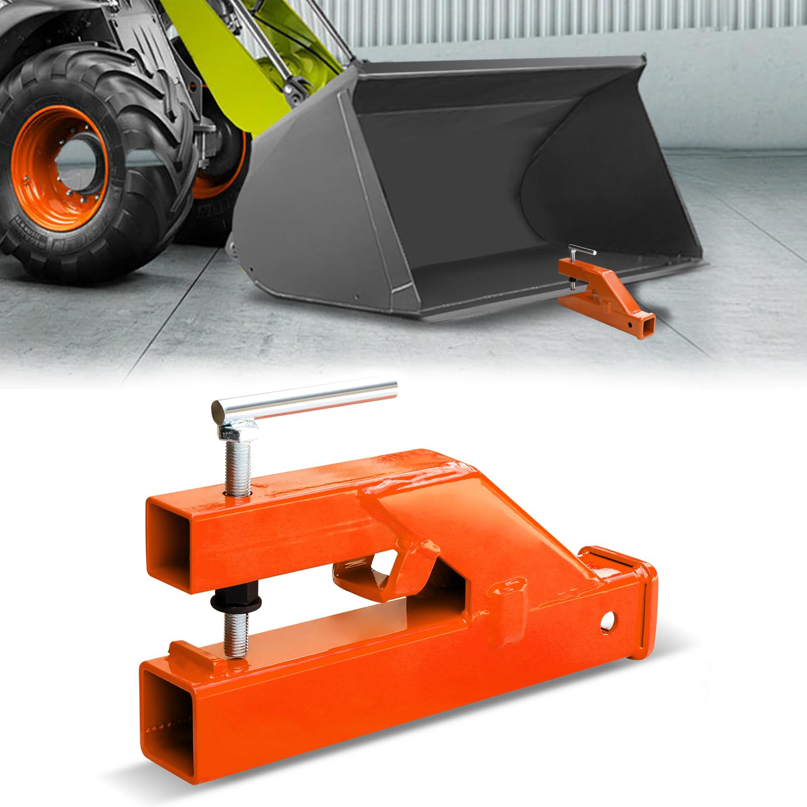 Clamp On Trailer Hitch Receiver 2 Inch Ball Mount Adapter for Tractor Bucket Fits All 2" Hook Inserts,Orange