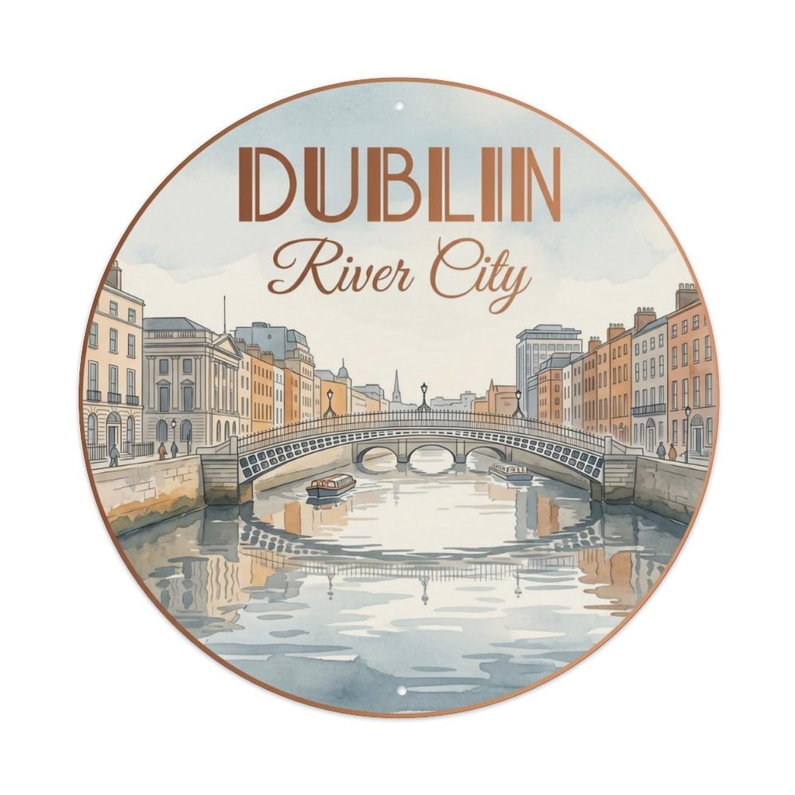 Vintage Travel Dublin Liffey River Metal Tin Sign Plaque Wall Decor for Cafe, Club Bar, Office, Home Garden Round Metal Poster 8x8Inch