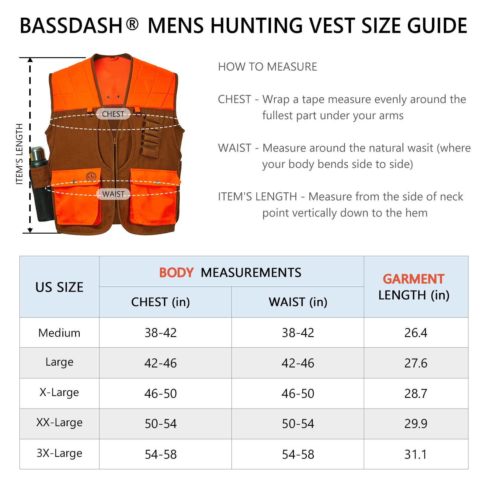 BASSDASH Upland Game Field FV11 - Chaleco de caza de aves resistente al agua con múltiples bolsillos, marrón/naranja, para hombre y mujer