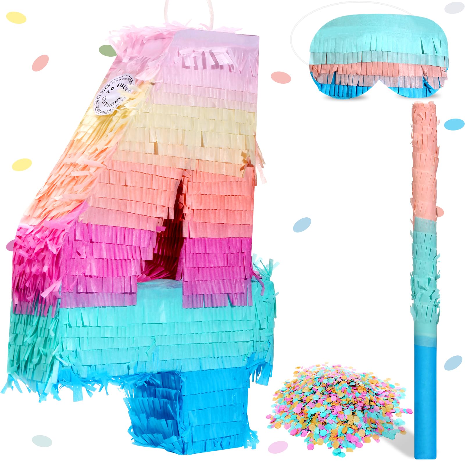 Jenaai 16 Inch Number Piñata Kids Birthday Party Macaron Piñata with Blindfold Stick and Confetti for Unicorn Birthday Wedding Baby Shower Decor(