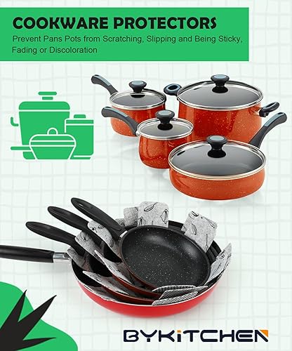 Miniatura 4 de BYKITCHEN Protectores de ollas y sartenes para apilar, juego de 9 y 3 tamaños, separadores de sartenes de fieltro para ahorrar espacio, protectores