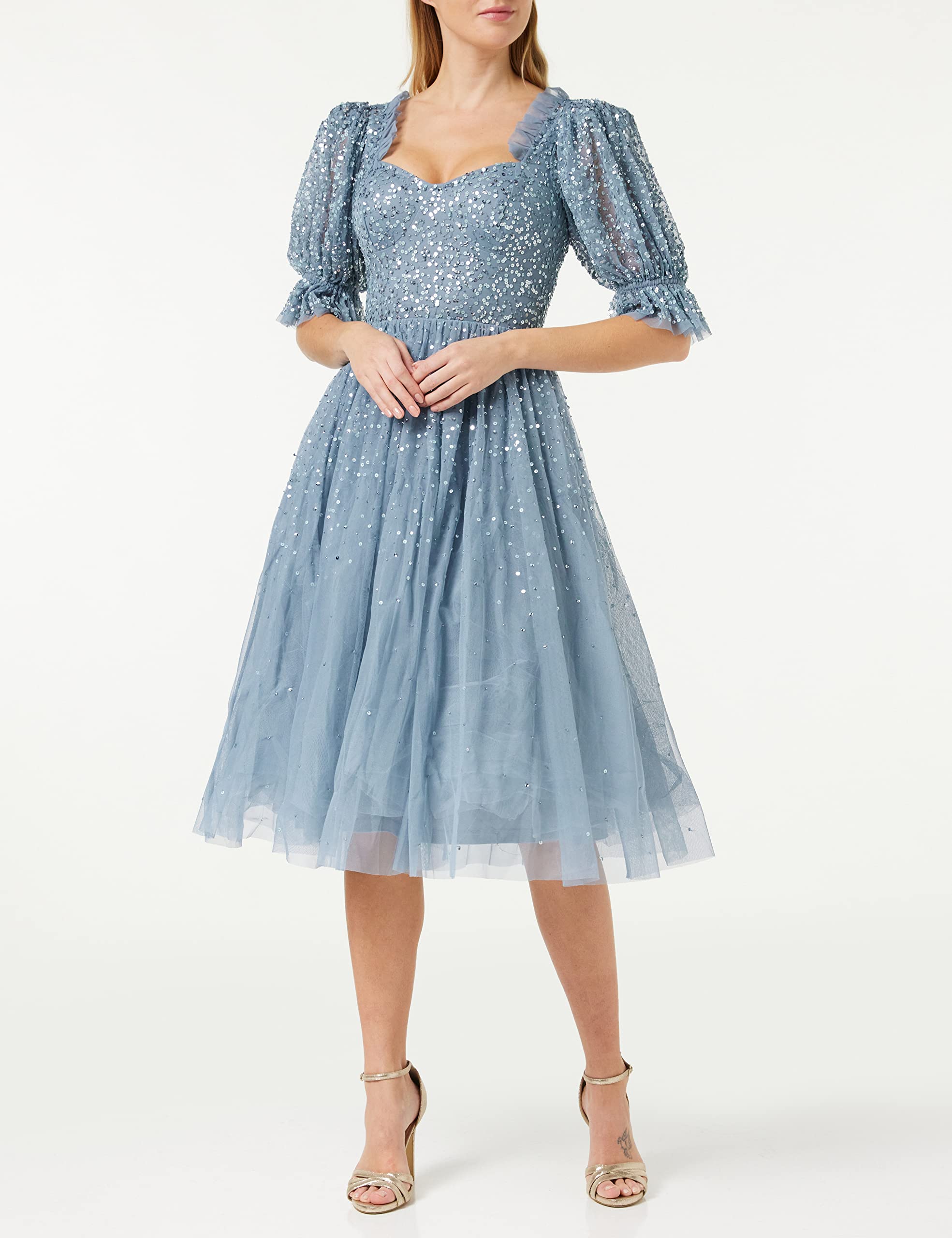 Maya Deluxe Sukienka damska Midi Sequin Emmbellished Frilly Sweetheart Neckline Puffed Sleeves for Wedding Guest Prom Evening sukienka damska, Dusty Blue, 20