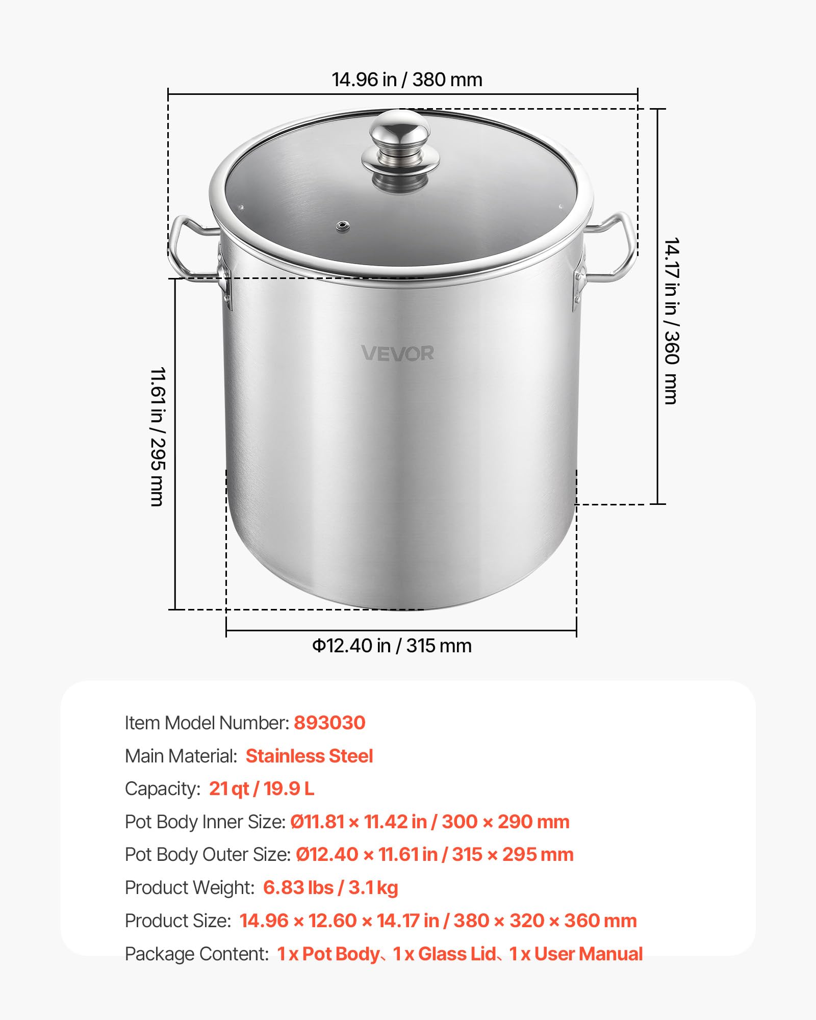 VEVOR Pentola in Acciaio Inox da 19,9 Litri, Casseruola in Acciaio Inox con Coperchio in Vetro per Cottura da Cucina Brodo, Pasta, Zuppa, Catering Ristorante Cucina Commerciale, Senza PFOA PFAS