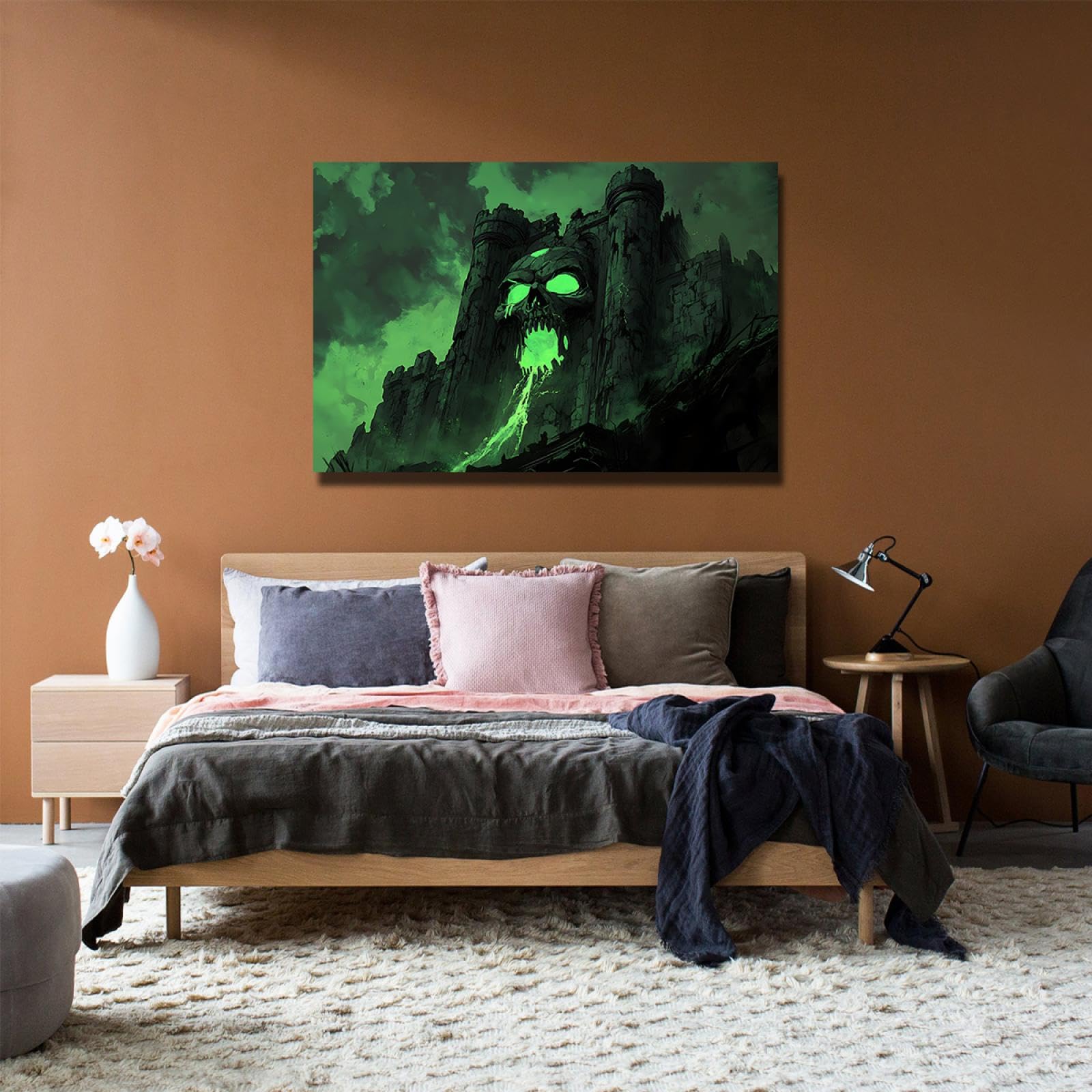 TOANGWALL Fantasy Neuheit Halloween Druck auf Leinwand Wandkunst Surreal Grün Spuk Haus Schädel Schloss Poster Bild Malerei für Bar Dekor 70x100cm Innenrahmen