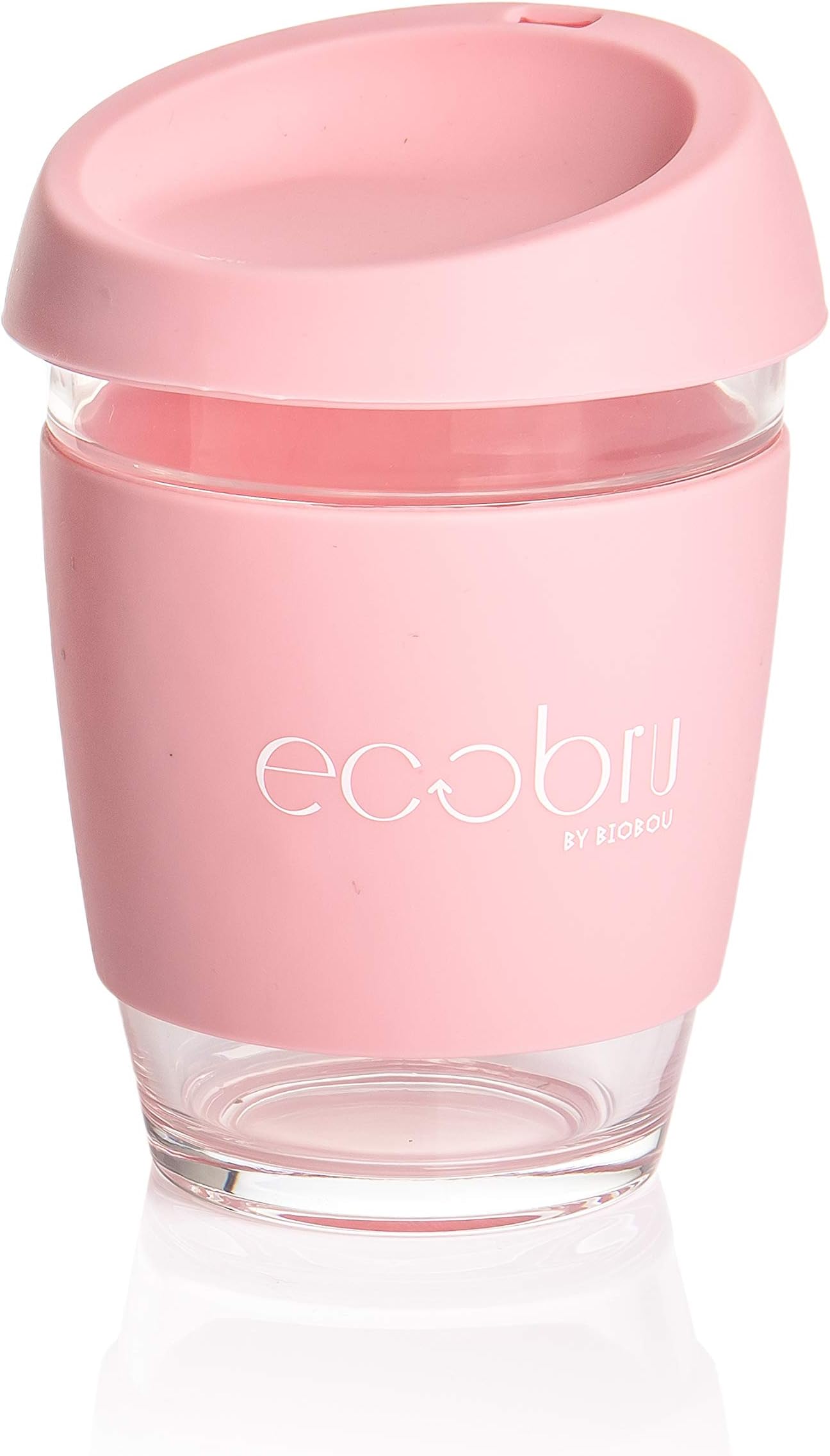 Eco-Friendly Reusable Glass Coffee Cup with Silicone Lid. Ecoffee Travel Mug 12oz/340ml. - by Ecobru (Pink) - REMOVES 1LB of Rubbish from The Environment!