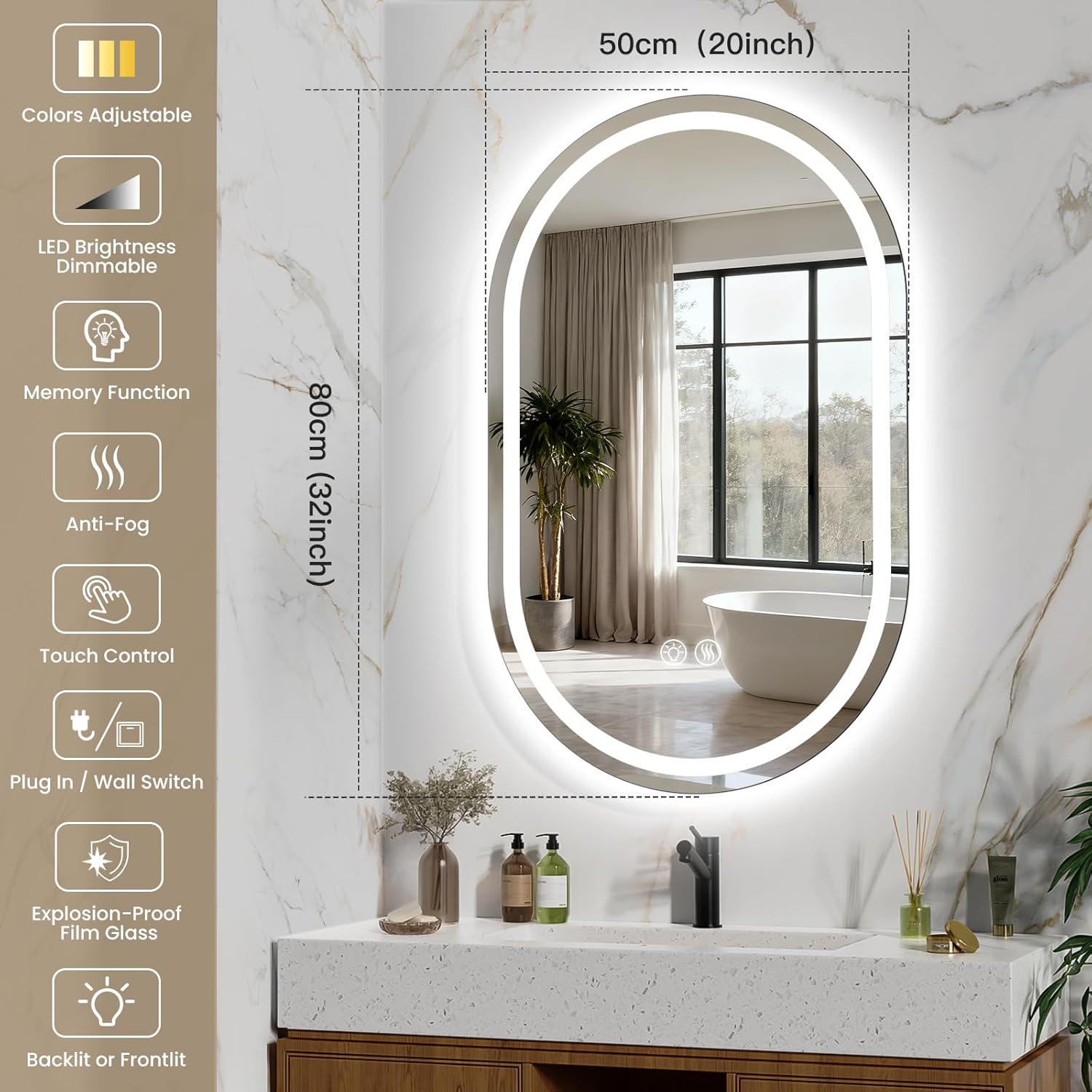 Oval LED Bathroom Vanity Mirror, 32x20 inch Mirror with Light, Smart Anti-Fog Waterproof Mirror with Memory Function Dimmable Lighted Mirror