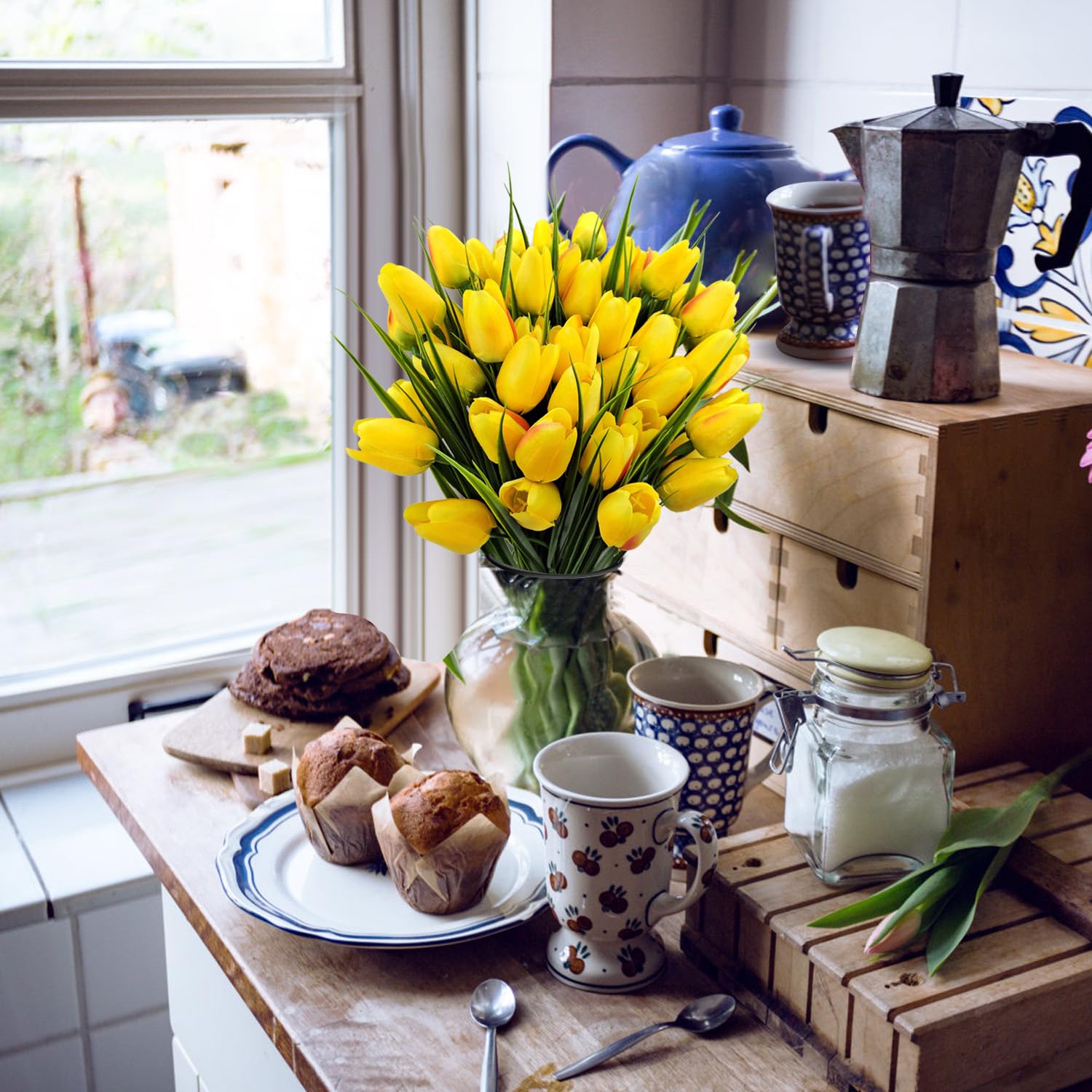 FOUSUKA Artificial Tulips Fake Flowers Outdoor UV Resistant 4 Bundles 40 Heads Silk Tulip Faux Plastic Greenery Plants Flower for Home Outside Garden Porch Window Planters Decor (Yellow)