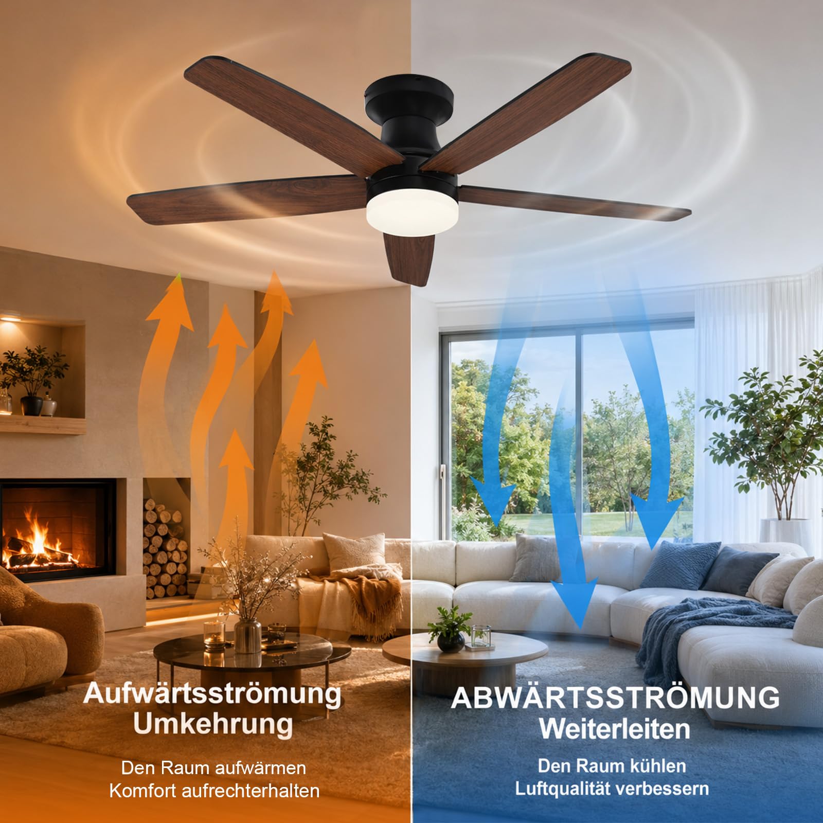 Smarter Deckenventilator mit Beleuchtung 106 cm, App & Fernbedienung, 3 Farbtemperaturen, 6 Stufen, Reversible Flügel, 30dB Leiser DC Motor DeckenleuchteDimmbare LED, für Schlafzimmer & Wohnzimmer