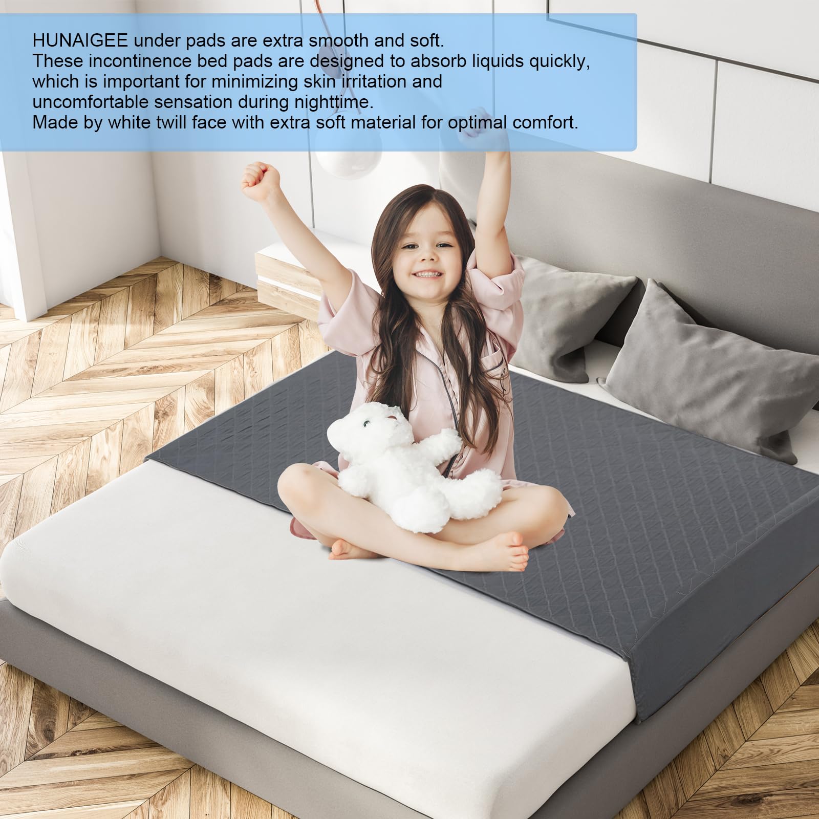 Bettunterlage Waschbar mit flügel 100 x 100 Inkontinenzunterlage wasserdichte Matratzenauflage Inkontinenzauflage mit Biesen Bettmatten für Kinder und Senioren Grau