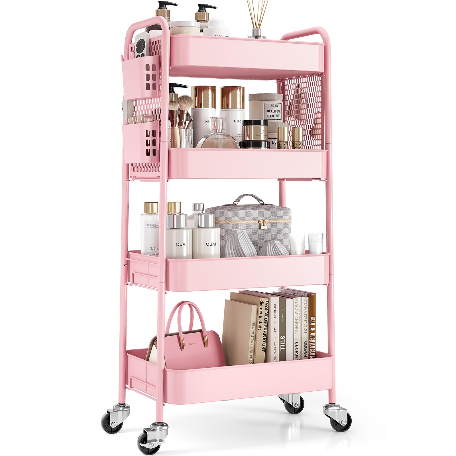Urackify 4 Tier Storage Trolley on Wheels, Pink