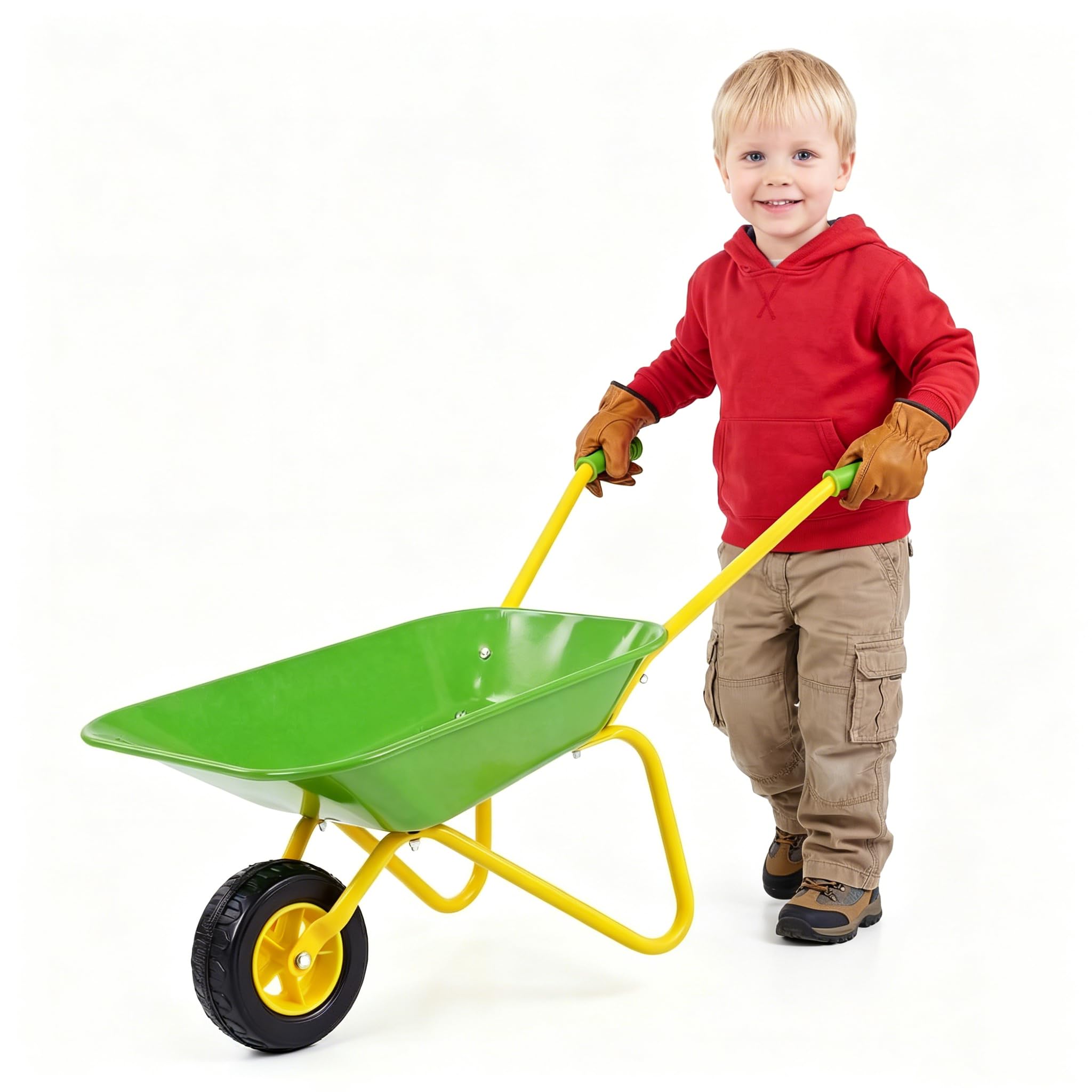 KOMFOTTEU Carretilla para Niños, Carrito de Playa Infantil con Rueda Todoterreno, Asa Antideslizante y Estructura Metálica, Carretilla de Juguete Exterior para Jardinería, Niños 3+ Años